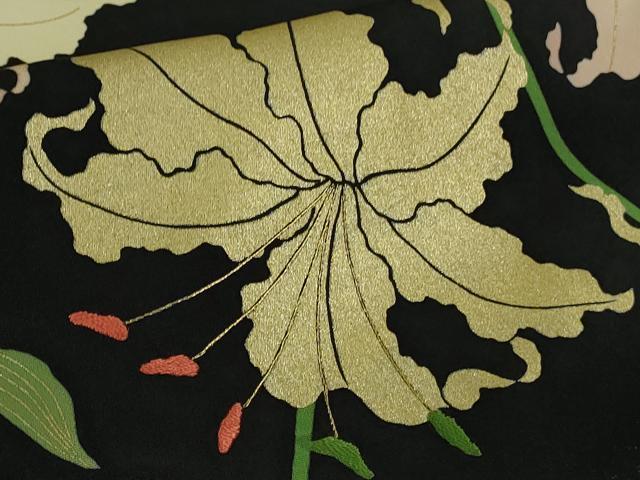 平和屋本店●極上　ジャパンオートクチュール　渡辺雪三郎　訪問着　刺繍　百合　黒地　金彩　大丸扱い　逸品　DZAB3571kh6