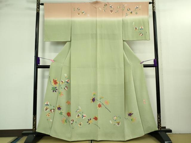 平和屋本店●極上 訪問着 作家物 葵 楓 山葵色地 暈し染め 金彩 逸品 DZAB3572kh6