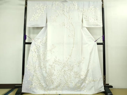 平和屋本店●最高級　京都老舗 尾峨佐染繍 　訪問着　総手刺繍　枝桜　白地　金銀糸　反端・紙タグ付き　逸品　未使用　DZAB3573kh6