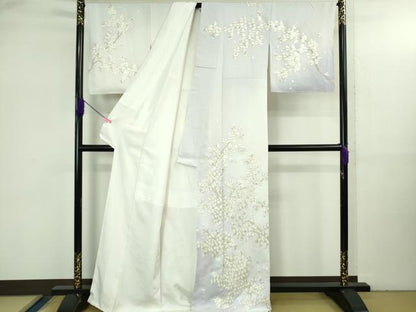 平和屋本店●最高級　京都老舗 尾峨佐染繍 　訪問着　総手刺繍　枝桜　白地　金銀糸　反端・紙タグ付き　逸品　未使用　DZAB3573kh6