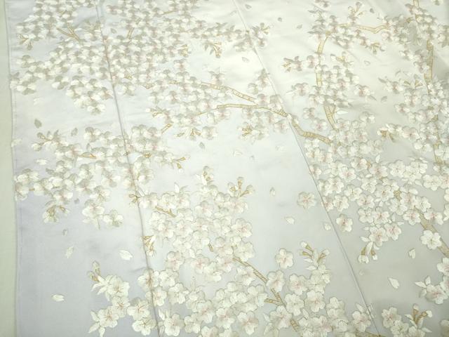 平和屋本店●最高級　京都老舗 尾峨佐染繍 　訪問着　総手刺繍　枝桜　白地　金銀糸　反端・紙タグ付き　逸品　未使用　DZAB3573kh6