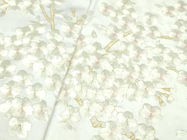 平和屋本店●最高級　京都老舗 尾峨佐染繍 　訪問着　総手刺繍　枝桜　白地　金銀糸　反端・紙タグ付き　逸品　未使用　DZAB3573kh6
