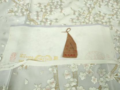 平和屋本店●最高級　京都老舗 尾峨佐染繍 　訪問着　総手刺繍　枝桜　白地　金銀糸　反端・紙タグ付き　逸品　未使用　DZAB3573kh6