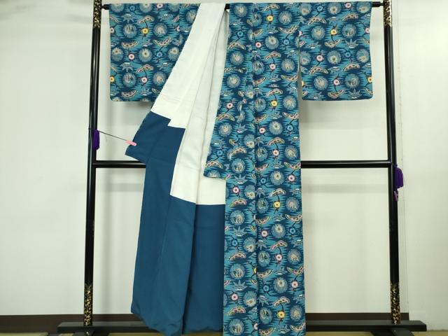 平和屋本店●極上　本場琉球紅型　琉球びんがた　知念紅型研究所　知念貞男　小紋　鶴亀　吉祥花文　参考資料付き　逸品　DZAB3583kh6