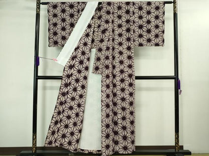 平和屋本店▽極上　岩手の匠　草紫堂　南部絞り　紫根染　紬　単衣　麻の葉　残布付き　正絹　逸品　未使用　DZAB3586kh6