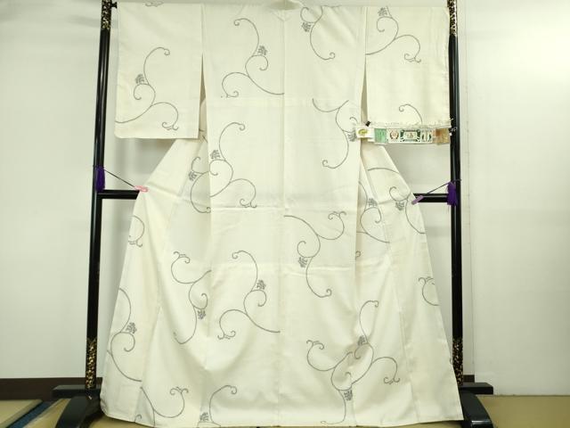 平和屋本店●極上　本場結城紬　重要無形文化財　小倉商店謹製　胴抜き仕立て　花唐草文　象牙色地　証紙付き　逸品　未使用　DZAB3588kh6