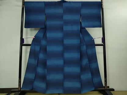 平和屋本店▽極上　首里　ロートン織　道屯織　単衣　本藍　変わり市松　逸品　未使用　DZAB3599kh6