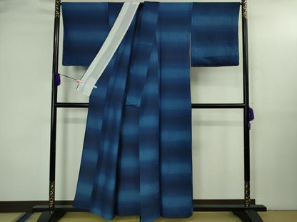 平和屋本店▽極上　首里　ロートン織　道屯織　単衣　本藍　変わり市松　逸品　未使用　DZAB3599kh6