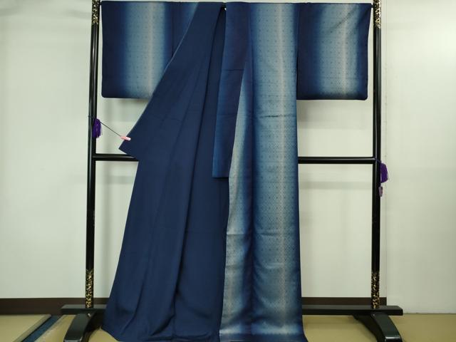 平和屋本店●超希少　日本工芸会正会員　秋山眞和　綾の手紬　手織　本藍染　間道　逸品　DZAB3600kh6