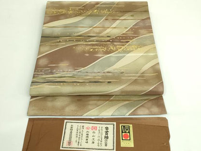 平和屋着物●極上　石川県指定無形文化財　牛首紬　白山工房　手織り　全通柄袋帯　霞文　金銀彩　証紙付き　逸品　DZAB3602kh6