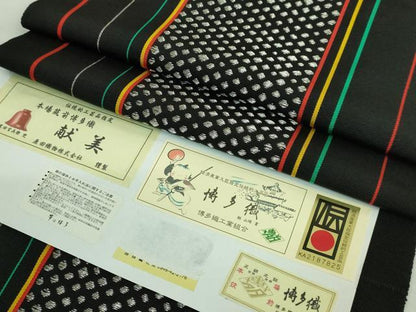 平和屋着物●極上　本場筑前博多織　八寸名古屋帯　献美　原田織物　黒地　証紙付き　逸品　DZAB3606kh6