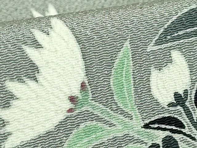 平和屋着物●極上　人間国宝・羽田登喜男　九寸名古屋帯　鴛鴦花文　金銀彩　鬼しぼ縮緬　灰色地　逸品　DZAB3607kh6