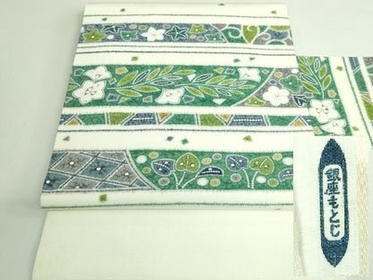 平和屋本店●極上　銀座もとじ　九寸名古屋帯　草花文　反端付き　逸品　DZAB3612kh6