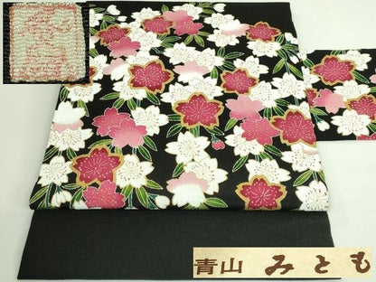 平和屋本店●超希少 東京友禅 久呂田明功 青山みとも 九寸名古屋帯 枝垂れ桜 黒地 金彩 鬼しぼ縮緬 反端・たとう紙付き 逸品 DZAB3613kh6