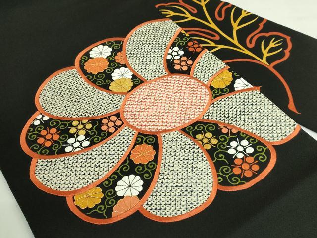 平和屋本店●極上　京都祇園の老舗　ぎをん齋藤　本疋田絞り　九寸名古屋帯　駒刺繍　舞花文　黒地　金糸　鬼しぼ縮緬　逸品　DZAB3616kh6