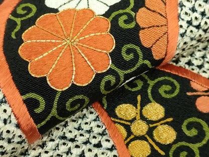 平和屋本店●極上　京都祇園の老舗　ぎをん齋藤　本疋田絞り　九寸名古屋帯　駒刺繍　舞花文　黒地　金糸　鬼しぼ縮緬　逸品　DZAB3616kh6