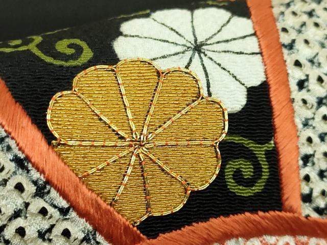 平和屋本店●極上　京都祇園の老舗　ぎをん齋藤　本疋田絞り　九寸名古屋帯　駒刺繍　舞花文　黒地　金糸　鬼しぼ縮緬　逸品　DZAB3616kh6