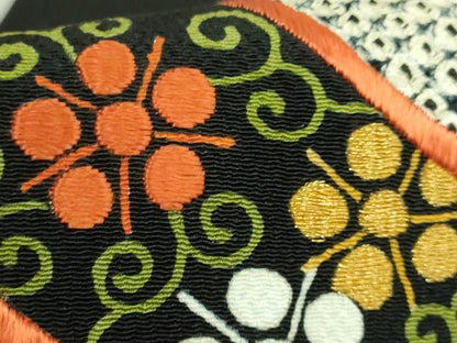 平和屋本店●極上　京都祇園の老舗　ぎをん齋藤　本疋田絞り　九寸名古屋帯　駒刺繍　舞花文　黒地　金糸　鬼しぼ縮緬　逸品　DZAB3616kh6