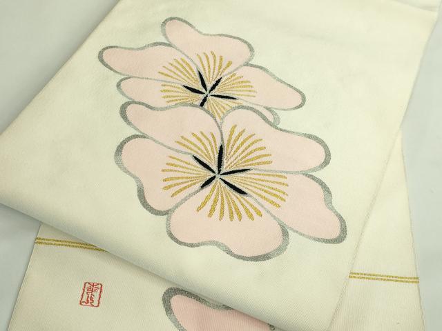 平和屋本店●極上　人間国宝　森口華弘　蒔糊友禅　爪掻き本綴れ　八寸名古屋帯　舞花文　金糸　三越扱い　逸品　DZAB3620kh6