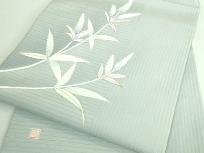 平和屋本店＊極上 夏物 絽塩瀬 森岡功 九寸名古屋帯 草花文 千草鼠色地 金彩 三越扱い 逸品 未使用 DZAB3622kh6