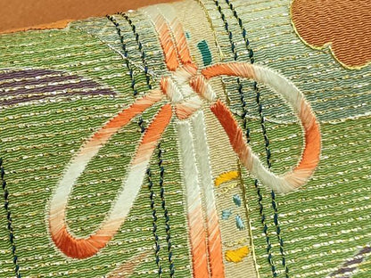 平和屋着物●極上　創業130年　江戸染繍友禅　大彦　九寸名古屋帯　刺繍　雲取り飛鶴文　琥珀色地　金糸　鬼しぼ縮緬　逸品　DZAB3623kh6