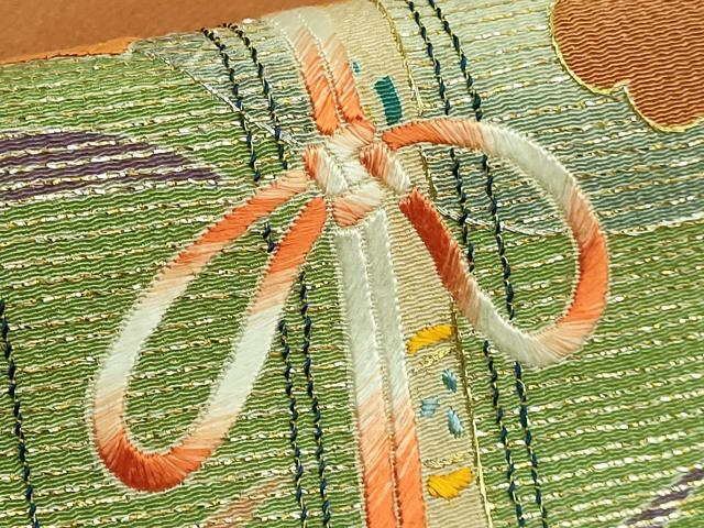 平和屋着物●極上　創業130年　江戸染繍友禅　大彦　九寸名古屋帯　刺繍　雲取り飛鶴文　琥珀色地　金糸　鬼しぼ縮緬　逸品　DZAB3623kh6