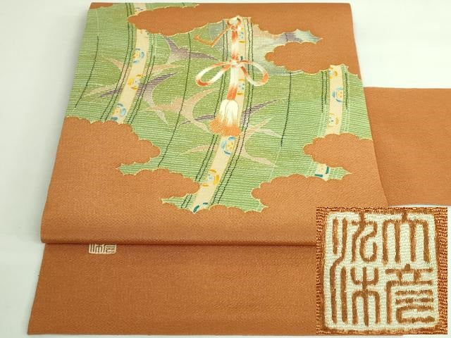 平和屋着物●極上　創業130年　江戸染繍友禅　大彦　九寸名古屋帯　刺繍　雲取り飛鶴文　琥珀色地　金糸　鬼しぼ縮緬　逸品　DZAB3623kh6