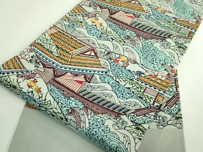 平和屋着物●極上　本場琉球紅型　九寸開き名古屋帯　水辺風景　逸品　DZAB3627kh6