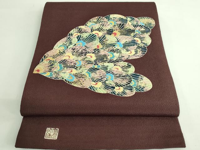 平和屋本店●極上 創業130年 江戸染繍友禅 大彦 太鼓柄袋帯 孔雀羽根文 茶褐色地 金銀糸 鬼しぼ縮緬 逸品 DZAB3632kh6