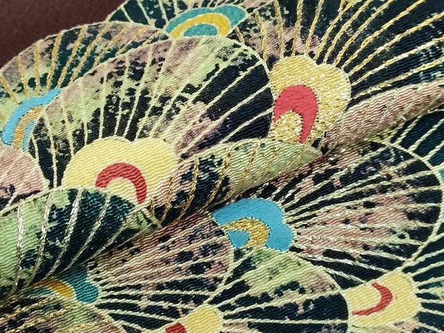 平和屋本店●極上 創業130年 江戸染繍友禅 大彦 太鼓柄袋帯 孔雀羽根文 茶褐色地 金銀糸 鬼しぼ縮緬 逸品 DZAB3632kh6