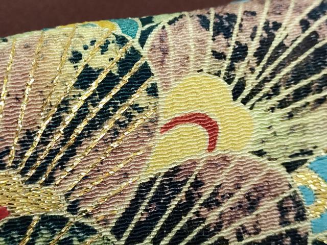 平和屋本店●極上 創業130年 江戸染繍友禅 大彦 太鼓柄袋帯 孔雀羽根文 茶褐色地 金銀糸 鬼しぼ縮緬 逸品 DZAB3632kh6
