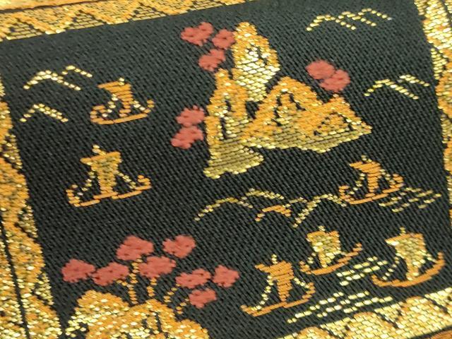 平和屋着物●極上　河崎工房　河崎晴生　六通柄袋帯　唐織　花鳥汀筒文　黒地　金糸　逸品　DZAB3633kh6