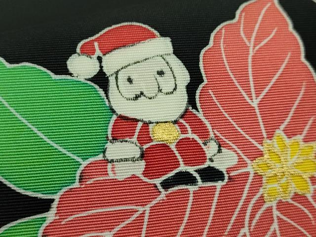 平和屋本店●極上 南進一郎 塩瀬 九寸名古屋帯 サンタクロース ポインセチア 黒地 金彩 逸品 DZAB3637kh6