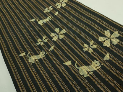平和屋着物●極上　太鼓柄袋帯　紬地　ネコ　シルエット　黒地　逸品　DZAB3647kh6