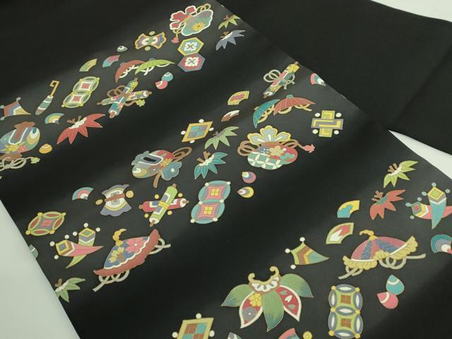 平和屋着物●極上　塩瀬　九寸名古屋帯　宝尽くし　黒地　金彩　逸品　DZAB3653kh6