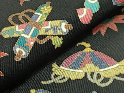 平和屋着物●極上　塩瀬　九寸名古屋帯　宝尽くし　黒地　金彩　逸品　DZAB3653kh6