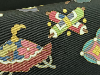 平和屋着物●極上　塩瀬　九寸名古屋帯　宝尽くし　黒地　金彩　逸品　DZAB3653kh6