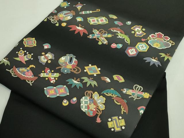 平和屋着物●極上　塩瀬　九寸名古屋帯　宝尽くし　黒地　金彩　逸品　DZAB3653kh6