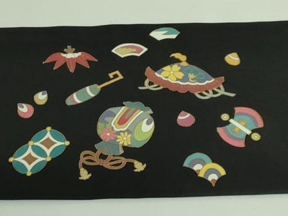 平和屋着物●極上　塩瀬　九寸名古屋帯　宝尽くし　黒地　金彩　逸品　DZAB3653kh6