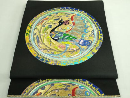 平和屋本店●極上　二代目・龍村平蔵　龍村光翔　太鼓柄　本袋帯　波新大鵬文　黒地　金糸　逸品　DZAB3665kh6
