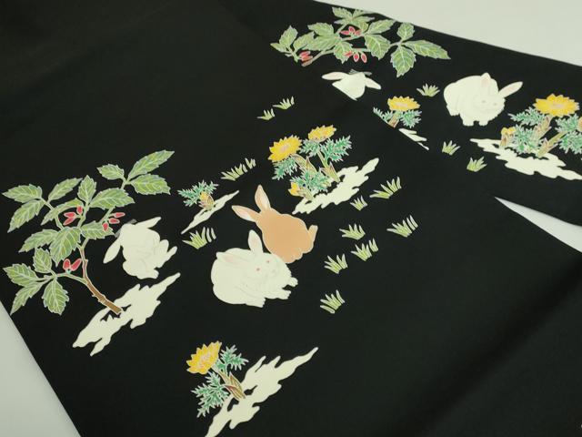 平和屋本店●極上　手描き友禅作　腰原淳策　塩瀬　九寸名古屋帯　兎　うさぎ　黒地　逸品　DZAB3668kh6