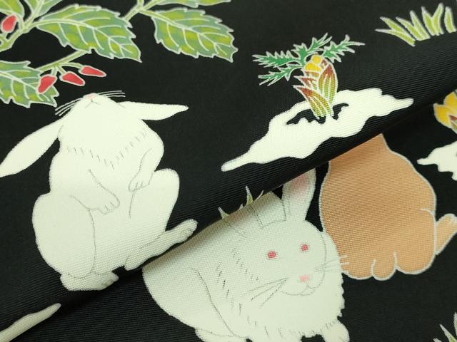 平和屋本店●極上　手描き友禅作　腰原淳策　塩瀬　九寸名古屋帯　兎　うさぎ　黒地　逸品　DZAB3668kh6