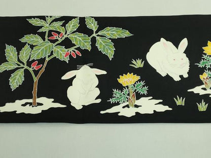 平和屋本店●極上　手描き友禅作　腰原淳策　塩瀬　九寸名古屋帯　兎　うさぎ　黒地　逸品　DZAB3668kh6