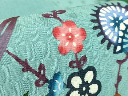 平和屋本店●極上　琉球紅型　びんがたの染や　染谷唯　九寸名古屋帯　松竹梅　白群色地　反端付き　逸品　DZAB3669kh6