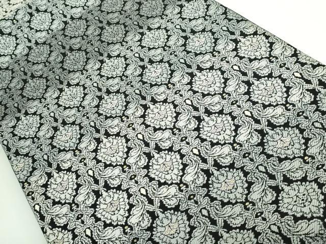 平和屋着物●極上　両面　全通柄袋帯　洋花文　黒地　金銀糸　逸品　DZAB3677kh6