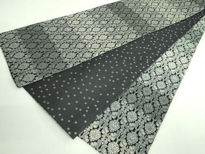 平和屋着物●極上　両面　全通柄袋帯　洋花文　黒地　金銀糸　逸品　DZAB3677kh6