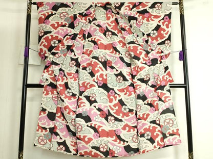 平和屋着物＊夏物 子供 小紋・浴衣兼用 撫松庵 紅梅織 セオアルファ 立波に撫子 逸品 未使用 DZAB3693kh6