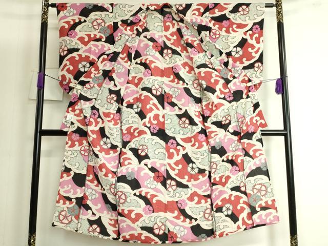 平和屋着物＊夏物 子供 小紋・浴衣兼用 撫松庵 紅梅織 セオアルファ 立波に撫子 逸品 未使用 DZAB3693kh6