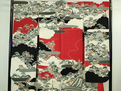 平和屋本店●極上 和染紅型 栗山紅型 栗山吉三郎 振袖 渡橋風景文 鬼しぼ縮緬 逸品 DZAB3701kh6