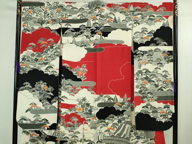 平和屋本店●極上 和染紅型 栗山紅型 栗山吉三郎 振袖 渡橋風景文 鬼しぼ縮緬 逸品 DZAB3701kh6